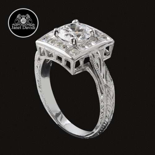 18k White Gold or Platinum Diamond Halo Milgrain ID:12389