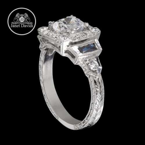 Sapphire Diamond Halo Art Deco Engagement Ring ID: JD15463